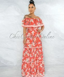 Vendor-unknown JUST IN Marilla Neon Coral Floral Print Ruffled Top Maxi Dress