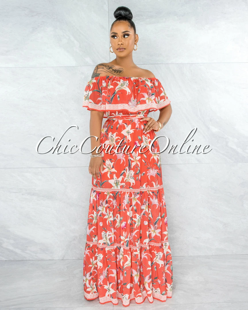 Vendor-unknown JUST IN Marilla Neon Coral Floral Print Ruffled Top Maxi Dress