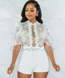 Vendor-unknown Ogenya Off-White Lace Sequins Sheer Top Tulle Sleeves Romper
