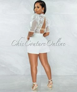 Vendor-unknown Ogenya Off-White Lace Sequins Sheer Top Tulle Sleeves Romper
