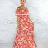 Vendor-unknown JUST IN Marilla Neon Coral Floral Print Ruffled Top Maxi Dress