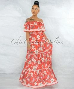 Vendor-unknown JUST IN Marilla Neon Coral Floral Print Ruffled Top Maxi Dress