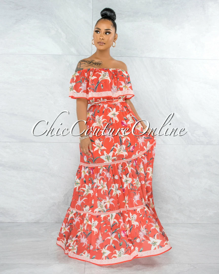 Vendor-unknown JUST IN Marilla Neon Coral Floral Print Ruffled Top Maxi Dress