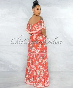 Vendor-unknown JUST IN Marilla Neon Coral Floral Print Ruffled Top Maxi Dress