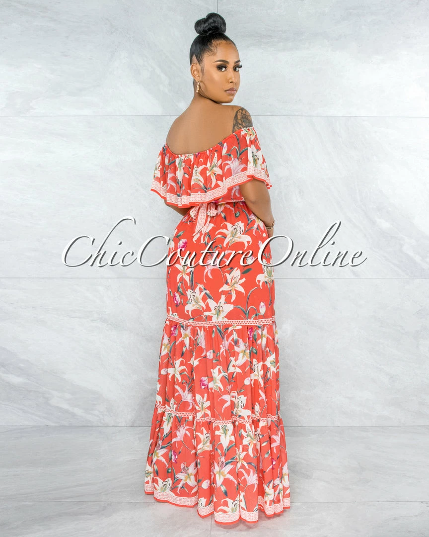 Vendor-unknown JUST IN Marilla Neon Coral Floral Print Ruffled Top Maxi Dress