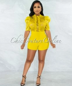 Vendor-unknown Ogenya Lime Lace Sequins Sheer Top Tulle Sleeves Romper JUST IN