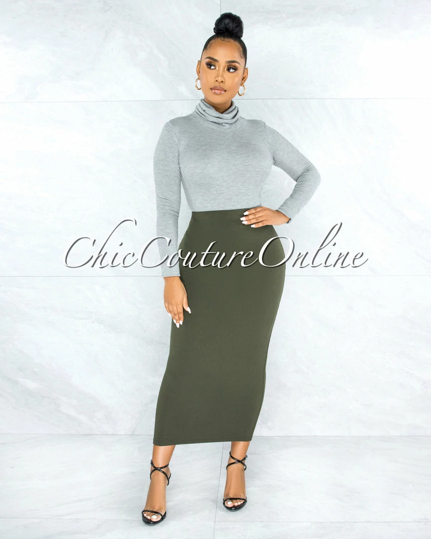 Vendor-unknown Doneva Olive Double Lined Pencil Maxi Skirt JUST IN