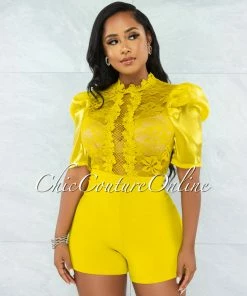 Vendor-unknown Ogenya Lime Lace Sequins Sheer Top Tulle Sleeves Romper JUST IN