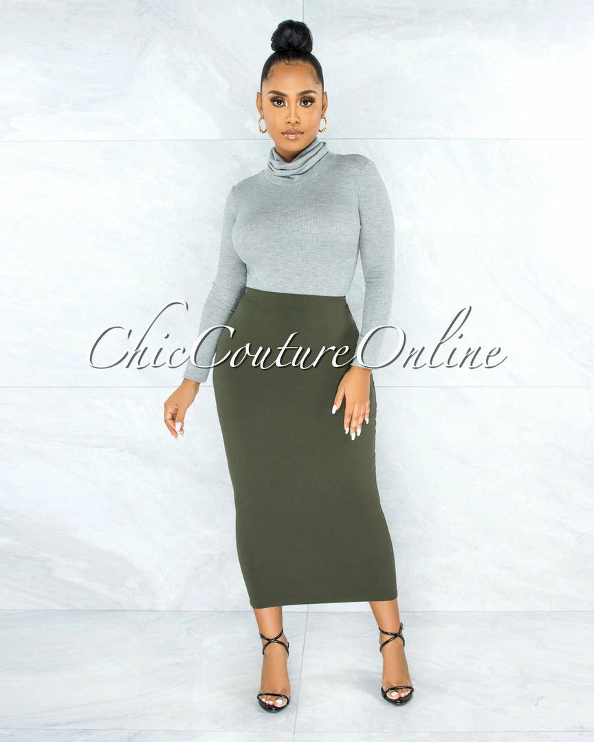 Vendor-unknown Doneva Olive Double Lined Pencil Maxi Skirt JUST IN