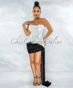 Vendor-unknown Marjorie White Black Sequins Rhinestones Strap Mini Dress JUST IN