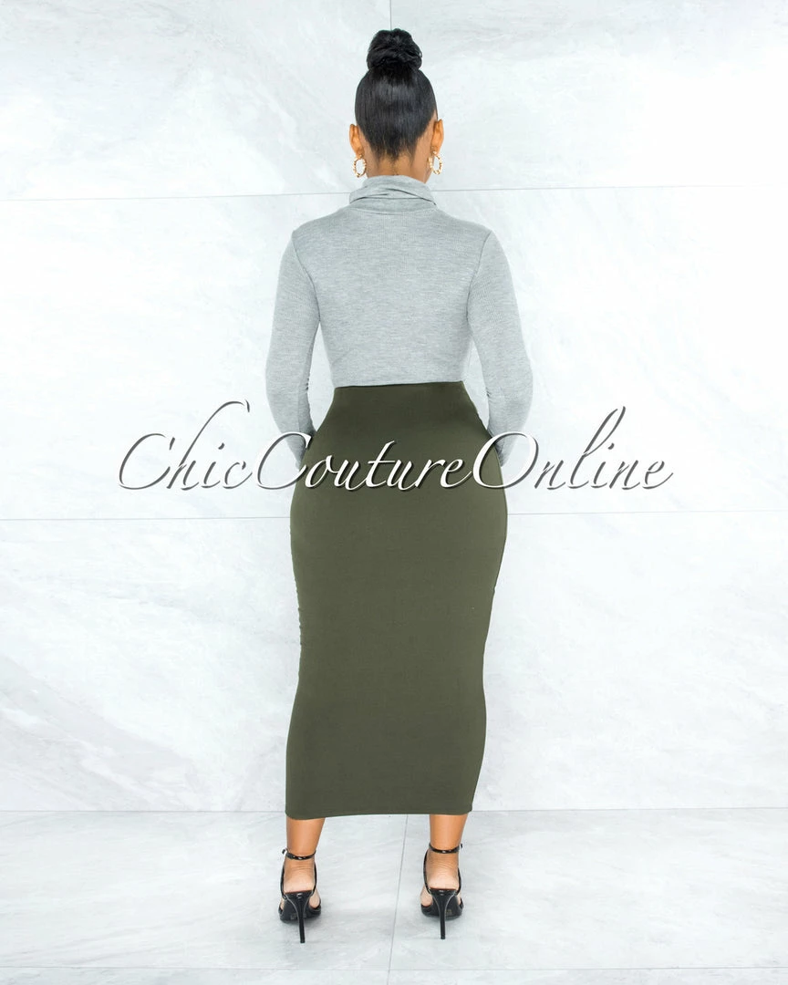 Vendor-unknown Doneva Olive Double Lined Pencil Maxi Skirt JUST IN