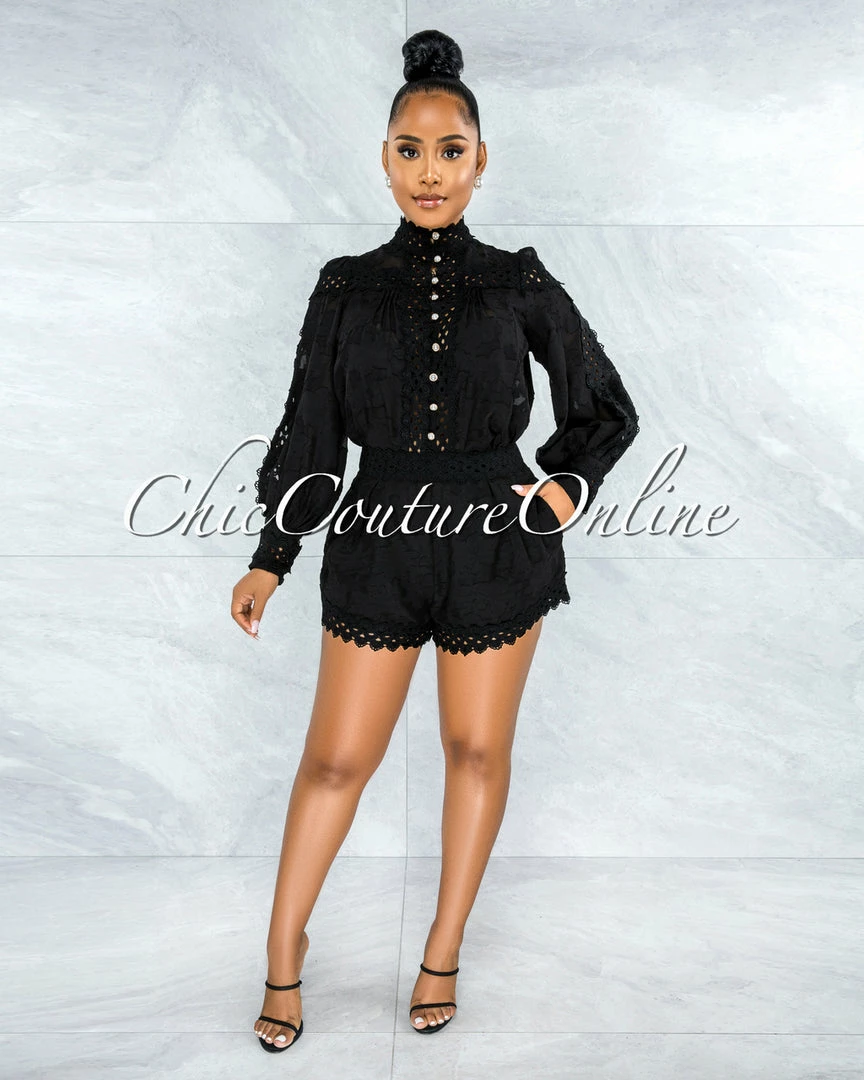 Vendor-unknown Bansuri Black Crochet Pearl Sheer Blouse & Shorts Set JUST IN