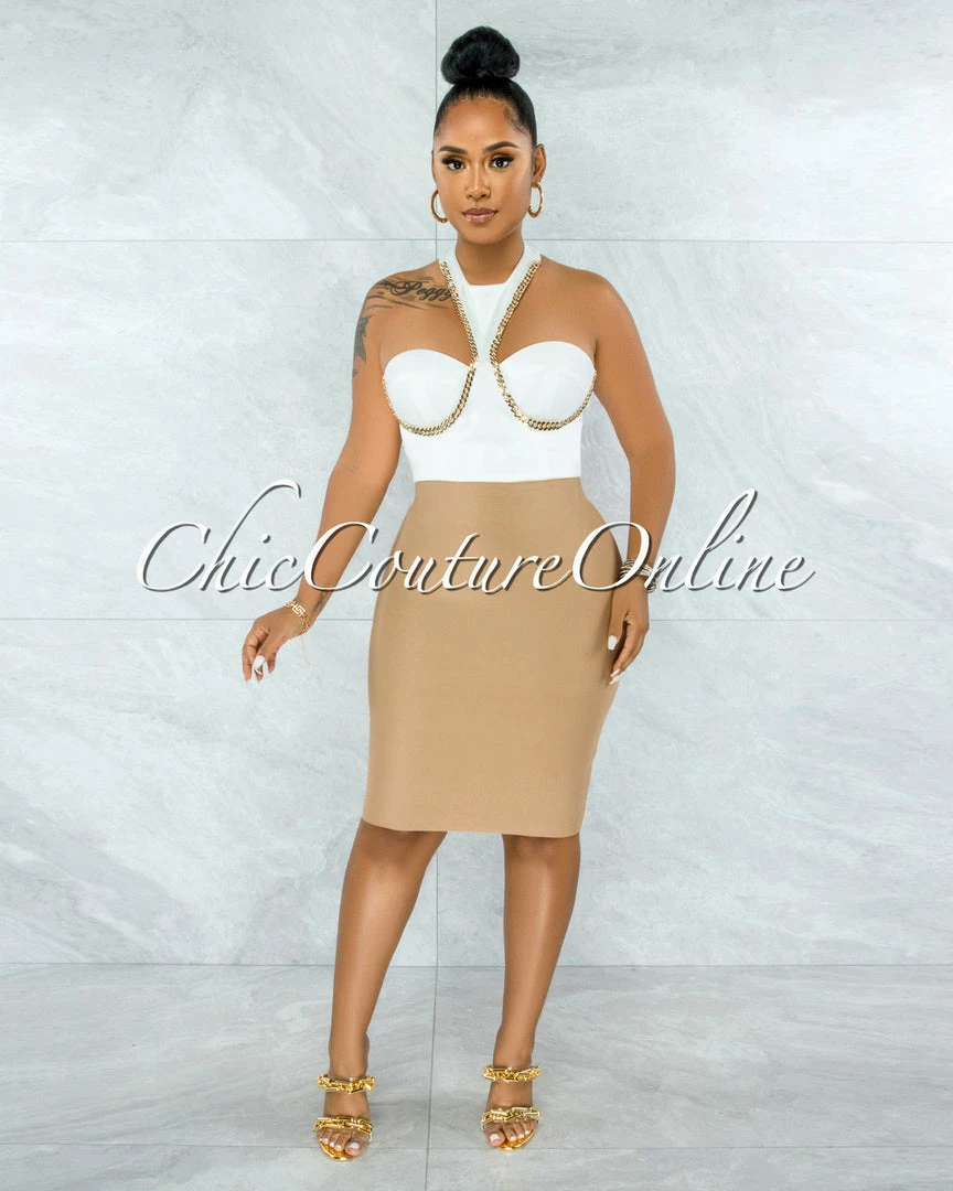 Vendor-unknown JUST IN Lakista Off-White Gold Link Accent Padded Cups Crop Top