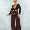 Vendor-unknown Witta Brown Front Tie Top & Wide Legs Pants Set JUST IN
