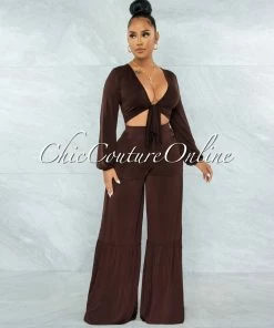 Vendor-unknown Witta Brown Front Tie Top & Wide Legs Pants Set JUST IN