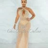Vendor-unknown JUST IN Anguilla Nude Mesh Iridescent Rhinestones Halter Dress