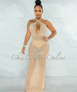 Vendor-unknown JUST IN Anguilla Nude Mesh Iridescent Rhinestones Halter Dress