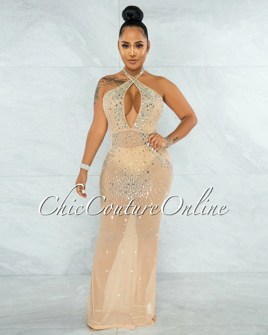 Vendor-unknown JUST IN Anguilla Nude Mesh Iridescent Rhinestones Halter Dress