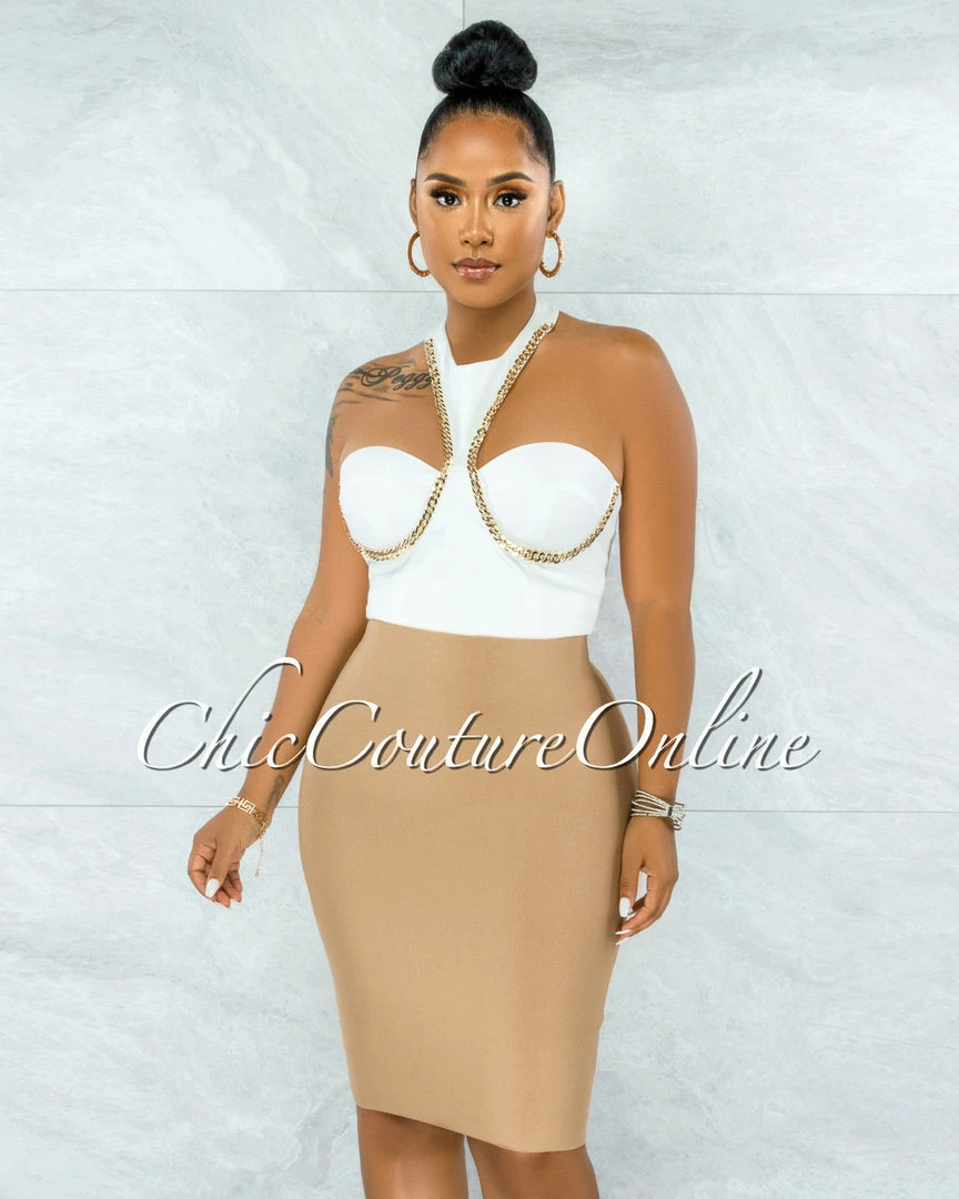 Vendor-unknown JUST IN Lakista Off-White Gold Link Accent Padded Cups Crop Top