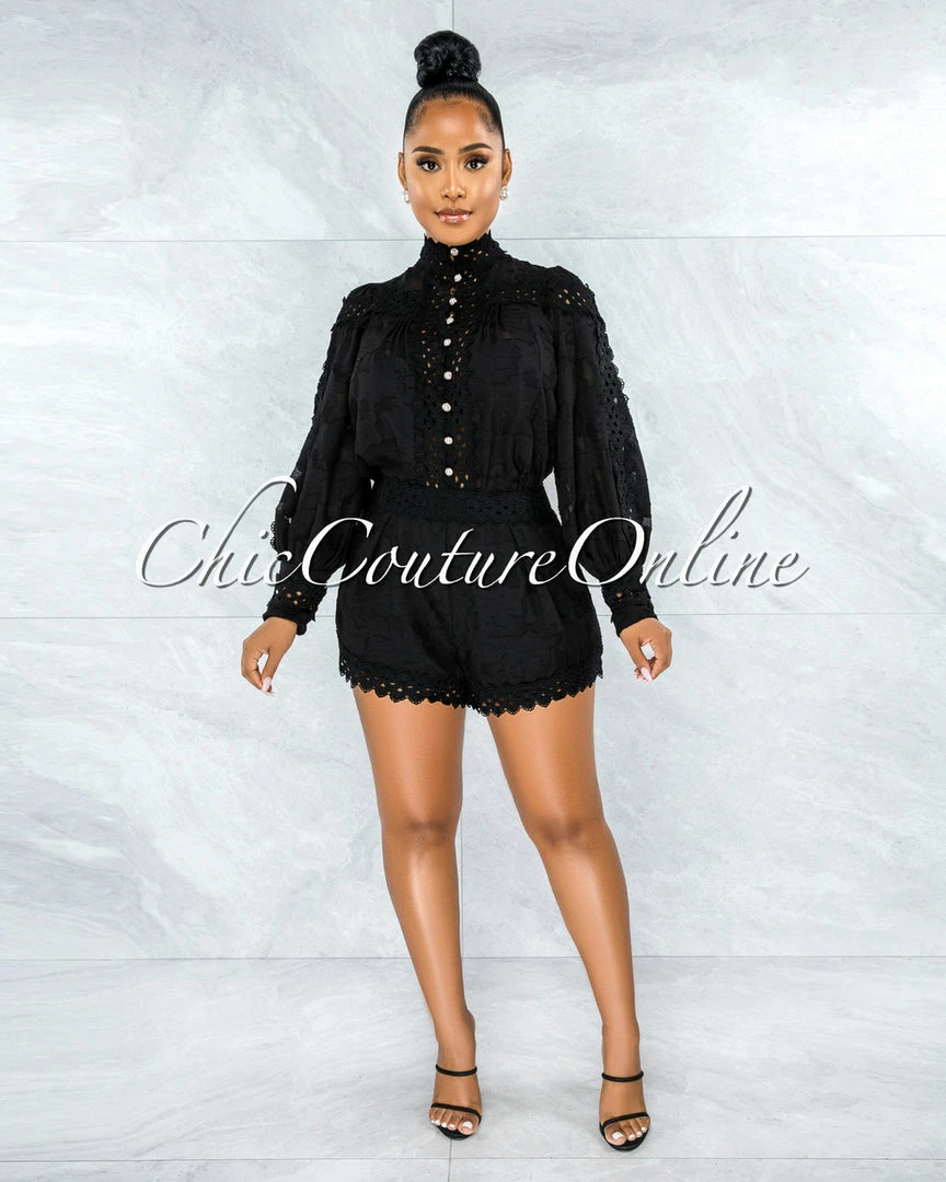 Vendor-unknown Bansuri Black Crochet Pearl Sheer Blouse & Shorts Set JUST IN