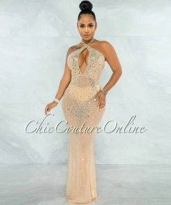 Vendor-unknown JUST IN Anguilla Nude Mesh Iridescent Rhinestones Halter Dress