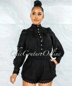 Vendor-unknown Bansuri Black Crochet Pearl Sheer Blouse & Shorts Set JUST IN