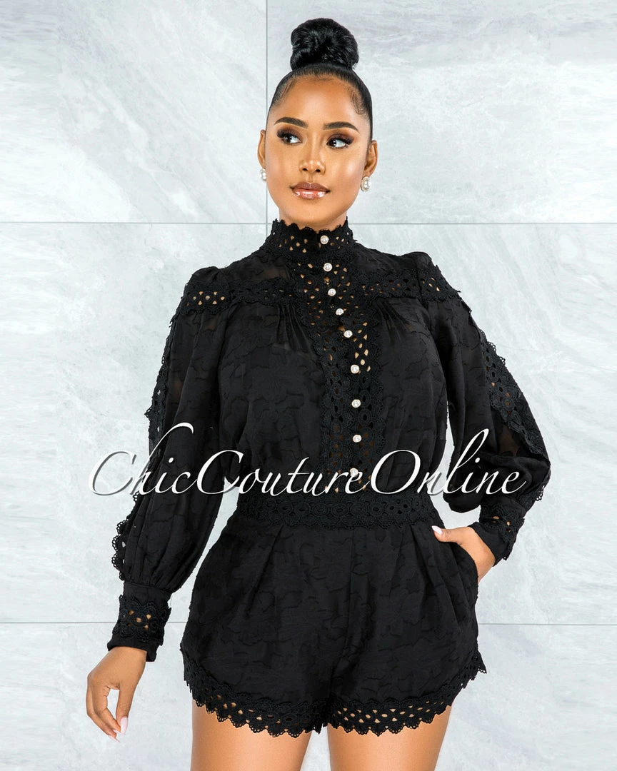 Vendor-unknown Bansuri Black Crochet Pearl Sheer Blouse & Shorts Set JUST IN