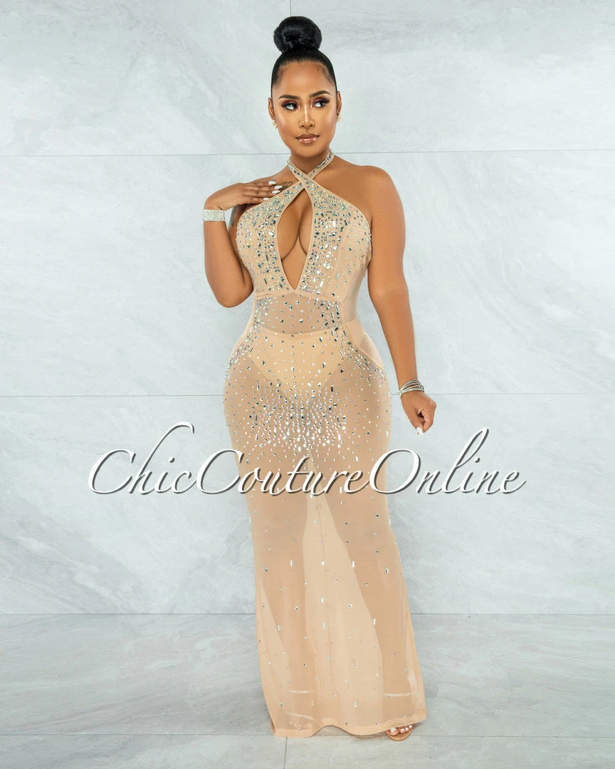 Vendor-unknown JUST IN Anguilla Nude Mesh Iridescent Rhinestones Halter Dress