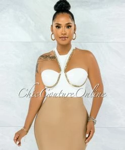 Vendor-unknown JUST IN Lakista Off-White Gold Link Accent Padded Cups Crop Top