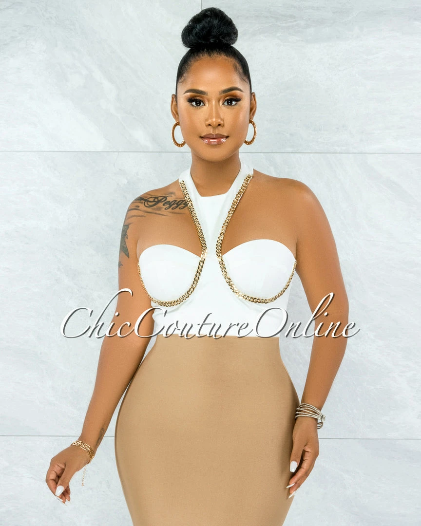 Vendor-unknown JUST IN Lakista Off-White Gold Link Accent Padded Cups Crop Top