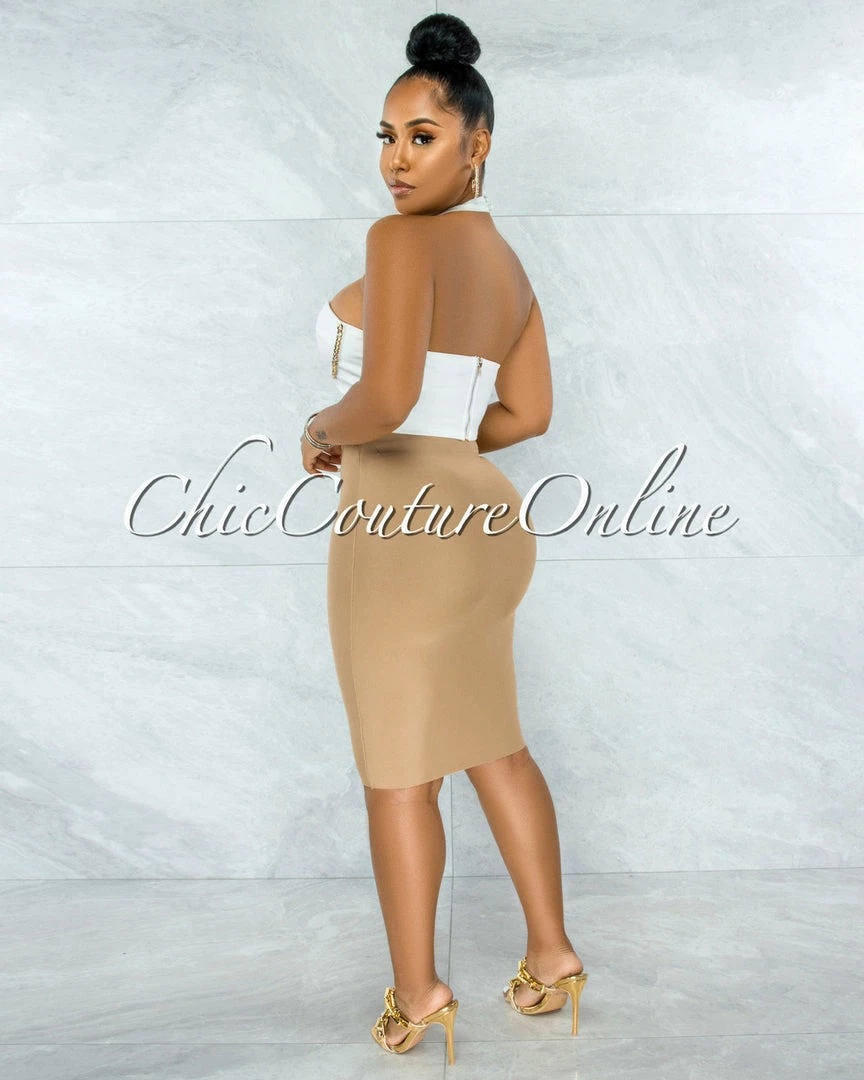 Vendor-unknown JUST IN Lakista Off-White Gold Link Accent Padded Cups Crop Top