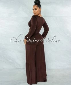 Vendor-unknown Witta Brown Front Tie Top & Wide Legs Pants Set JUST IN