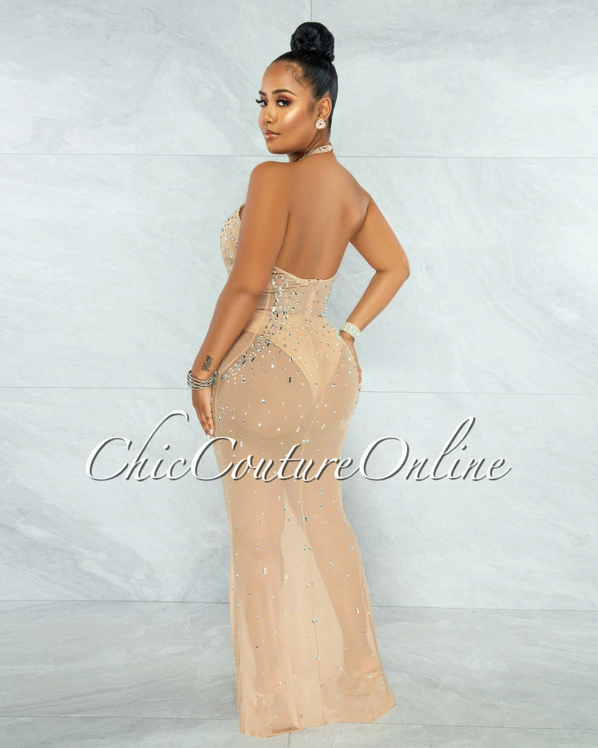 Vendor-unknown JUST IN Anguilla Nude Mesh Iridescent Rhinestones Halter Dress