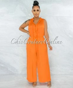 Vendor-unknown Johanna Orange Front Buttons Wide Jumpsuit