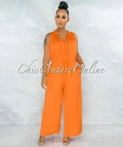 Vendor-unknown Johanna Orange Front Buttons Wide Jumpsuit