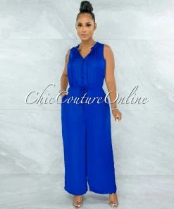 Vendor-unknown Johanna Royal Blue Front Buttons Wide Jumpsuit JUMPSUITS