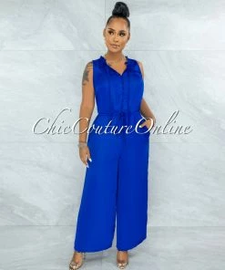 Vendor-unknown Johanna Royal Blue Front Buttons Wide Jumpsuit JUMPSUITS