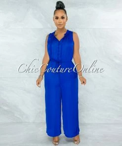 Vendor-unknown Johanna Royal Blue Front Buttons Wide Jumpsuit JUMPSUITS