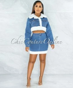 Vendor-unknown Latika Light Denim White Fur Trim Two Piece Set
