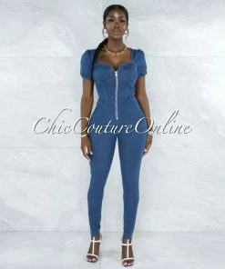 Vendor-unknown Fakid Dark Denim Front Gold Zipper Jumpsuit