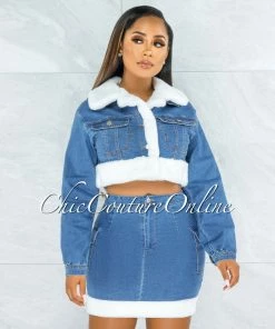Vendor-unknown Latika Light Denim White Fur Trim Two Piece Set
