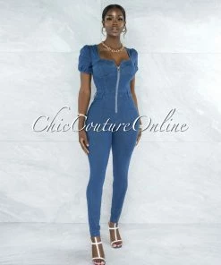 Vendor-unknown Fakid Dark Denim Front Gold Zipper Jumpsuit