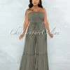 Vendor-unknown JUST IN Lafonde Olive Green Smocked Strapless Jumpsuit