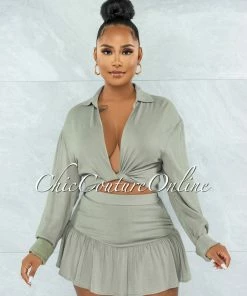 Vendor-unknown Emma Sage Green Top & Ultra Mini Skort Set