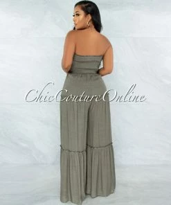 Vendor-unknown JUST IN Lafonde Olive Green Smocked Strapless Jumpsuit