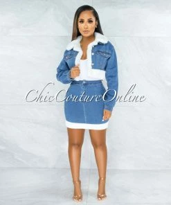 Vendor-unknown Latika Light Denim White Fur Trim Two Piece Set