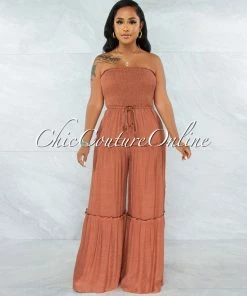 Vendor-unknown JUST IN Lafonde Rust Smocked Strapless Jumpsuit