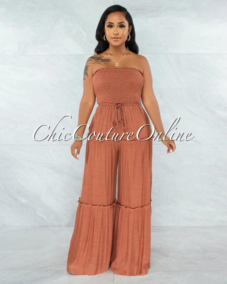 Vendor-unknown JUST IN Lafonde Rust Smocked Strapless Jumpsuit