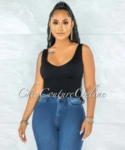 Vendor-unknown Marjani Black V-Neck Ribbed Crop Top