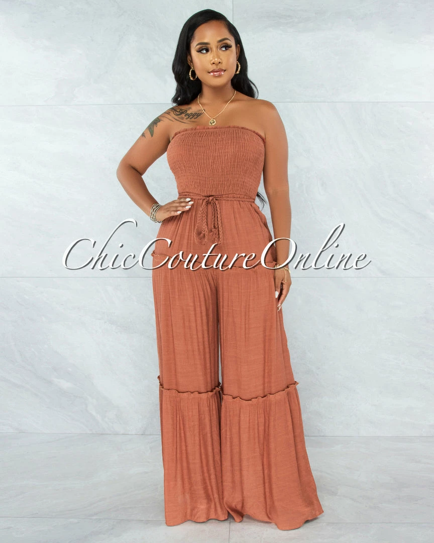 Vendor-unknown JUST IN Lafonde Rust Smocked Strapless Jumpsuit